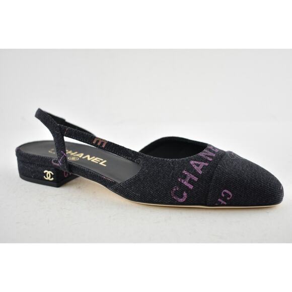 Chanel 22P Mademoiselle Coco Sling Black Grey Denim Slingback Ballet Flat 37.5 - Picture 2 of 7